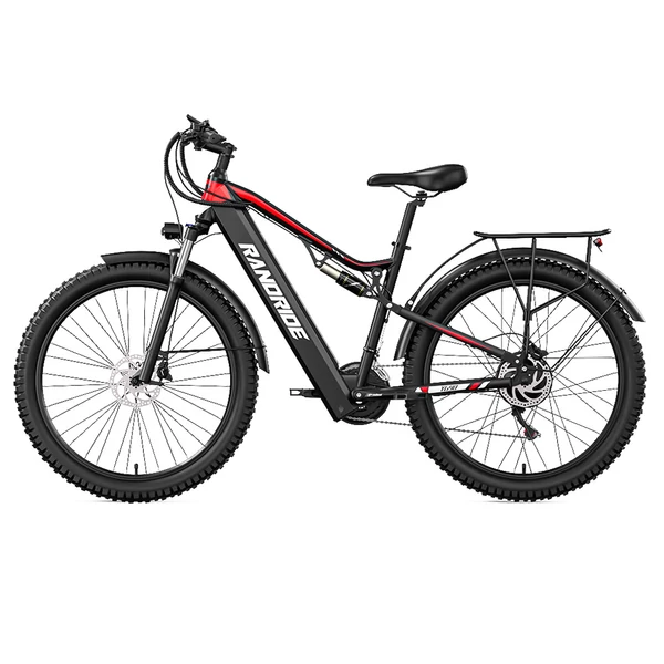 RANDRIDE YG90B elektromos kerékpár 1000W, 45 km/h, 48V 17Ah kivehető akkumulátor, 80–90 km hatótáv, Shimano 21, hidraulikus fék, fekete-piros