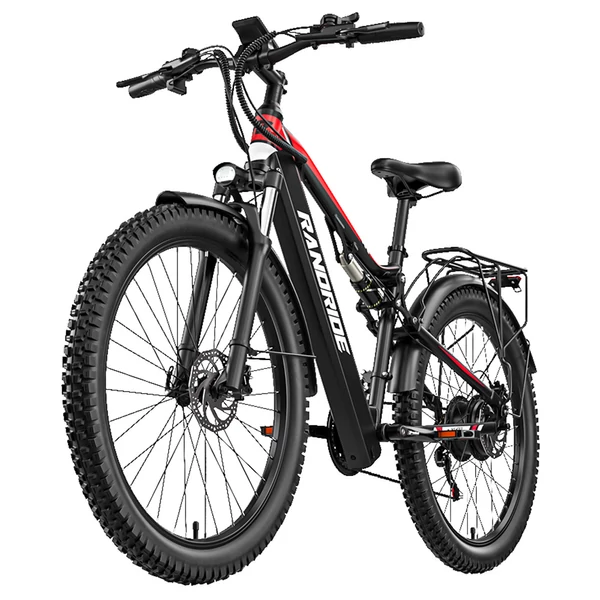 RANDRIDE YG90B elektromos kerékpár 1000W, 45 km/h, 48V 17Ah kivehető akkumulátor, 80–90 km hatótáv, Shimano 21, hidraulikus fék, fekete-piros