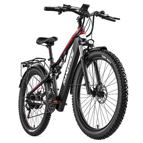RANDRIDE YG90B elektromos kerékpár 1000W, 45 km/h, 48V 17Ah kivehető akkumulátor, 80–90 km hatótáv, Shimano 21, hidraulikus fék, fekete-piros