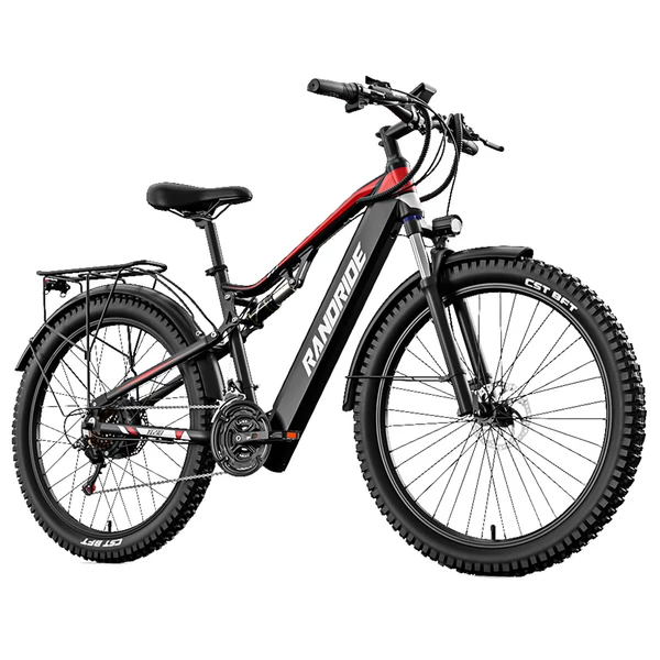 RANDRIDE YG90B elektromos kerékpár 1000W, 45 km/h, 48V 17Ah kivehető akkumulátor, 80–90 km hatótáv, Shimano 21, hidraulikus fék, fekete-piros