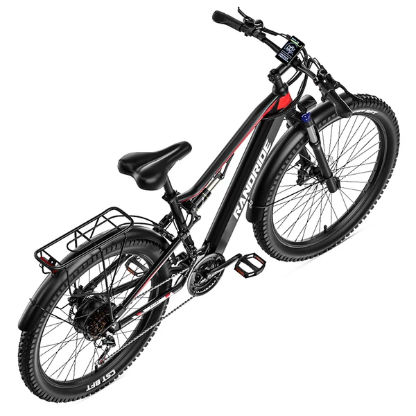 RANDRIDE YG90B elektromos kerékpár 1000W, 45 km/h, 48V 17Ah kivehető akkumulátor, 80–90 km hatótáv, Shimano 21, hidraulikus fék, fekete-piros
