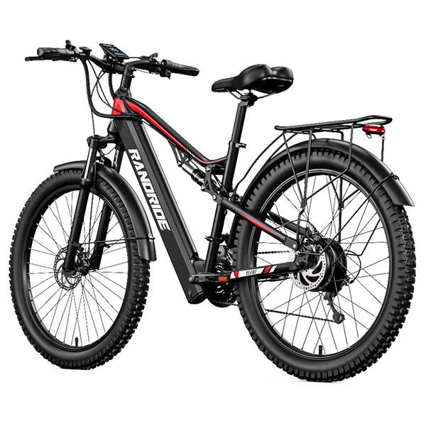RANDRIDE YG90B elektromos kerékpár 1000W, 45 km/h, 48V 17Ah kivehető akkumulátor, 80–90 km hatótáv, Shimano 21, hidraulikus fék, fekete-piros