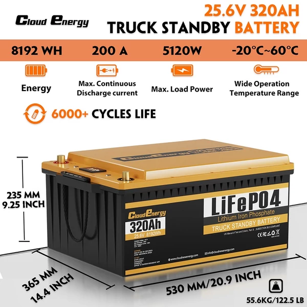 Cloudenergy 25,6V 320Ah LiFePO4 akkumulátorcsomag, 8192Wh, beépített 200A BMS, 6000+ ciklus