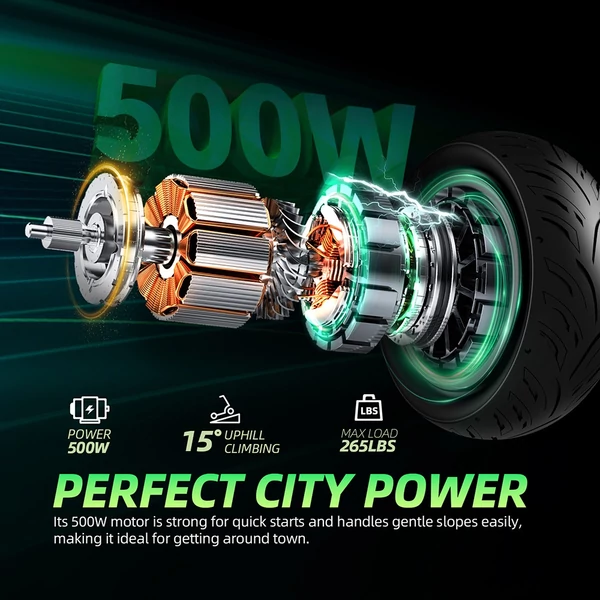 CUNFON RS300 elektromos roller 500 W motorral, 36 V 10,4 Ah akkumulátorral, 10" kerekekkel, 30 km/h max., 40 km hatótáv, dobfék + e-fék, appvezérlés