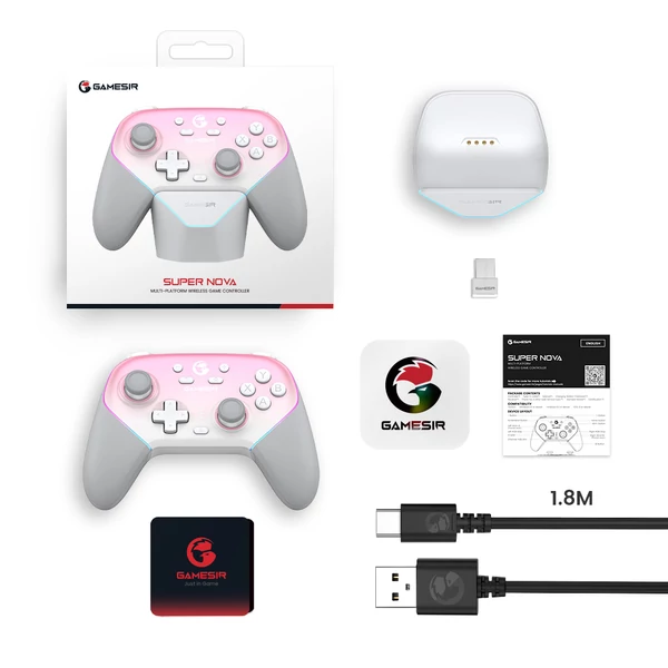 GameSir Super Nova gaming kontroller – Hall effect karok és ravaszok, levehető előlap, RGB világítás, PC/Android/iOS/Switch kompatibilis, rózsaszín