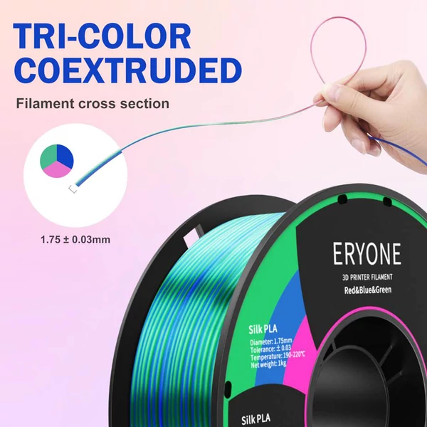 ERYONE háromszínű selyem PLA 3D nyomtató filament, 1 kg – piros/kék/zöld