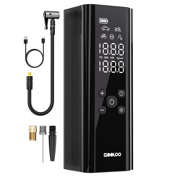 GOOLOO GT150 hordozható akkumulátoros kompresszor és elektromos pumpa, 150 PSI, 7500mAh, automata leállítás, autó/motor/kerékpár