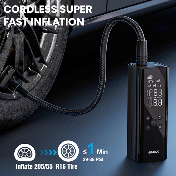 GOOLOO GT150 hordozható akkumulátoros kompresszor és elektromos pumpa, 150 PSI, 7500mAh, automata leállítás, autó/motor/kerékpár