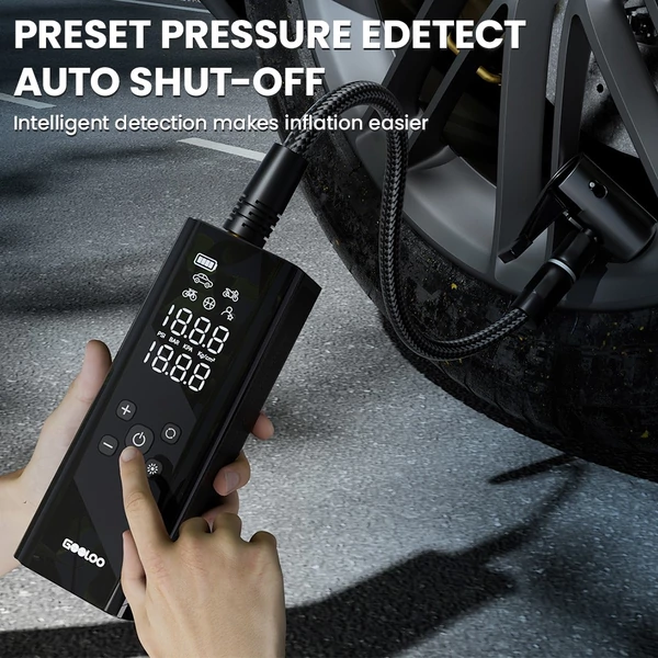 GOOLOO GT150 hordozható akkumulátoros kompresszor és elektromos pumpa, 150 PSI, 7500mAh, automata leállítás, autó/motor/kerékpár