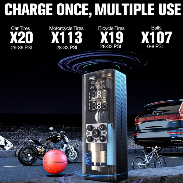 GOOLOO GT150 hordozható akkumulátoros kompresszor és elektromos pumpa, 150 PSI, 7500mAh, automata leállítás, autó/motor/kerékpár