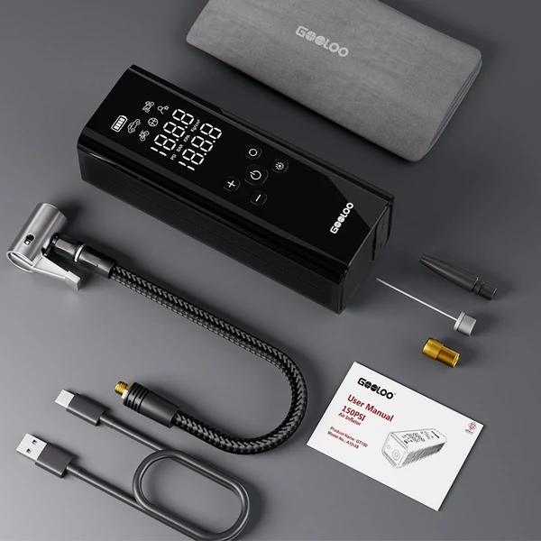 GOOLOO GT150 hordozható akkumulátoros kompresszor és elektromos pumpa, 150 PSI, 7500mAh, automata leállítás, autó/motor/kerékpár