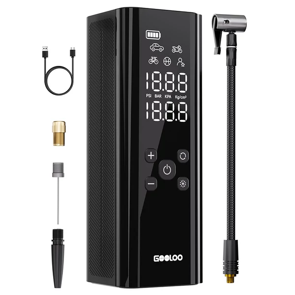 GOOLOO GT150 hordozható akkumulátoros kompresszor és elektromos pumpa, 150 PSI, 7500mAh, automata leállítás, autó/motor/kerékpár