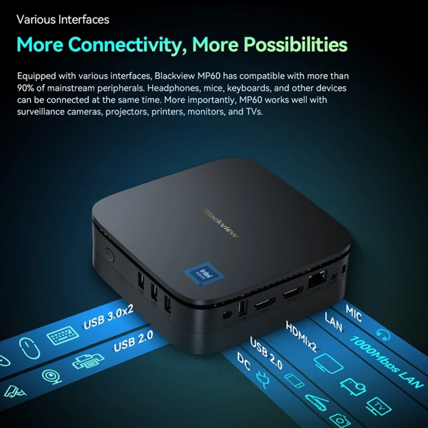Blackview MP60 Mini PC, Intel N150 4 magos 3.6GHz, 16GB RAM 1TB SSD, 2xHDMI dupla kijelző, WiFi Bluetooth, USB portok, RJ45