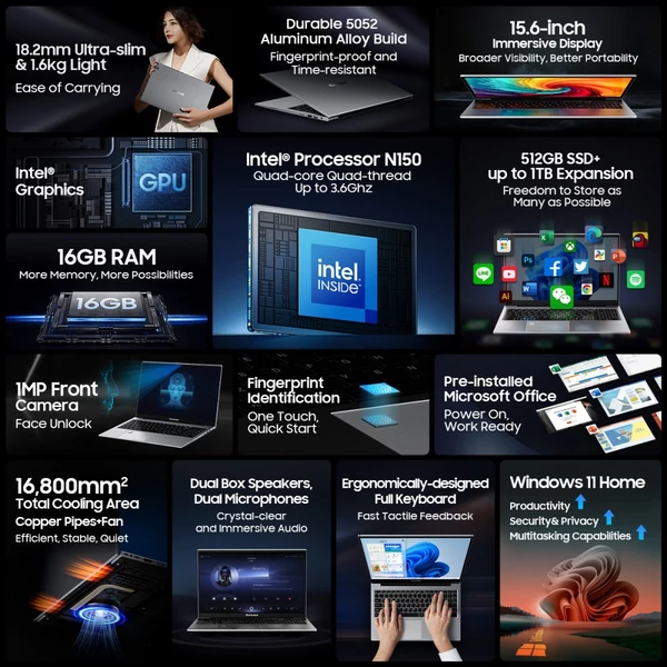 Blackview AceBook 8 laptop: 15.6" FHD IPS kijelző, Intel N150 3.6GHz, 16GB RAM + 512GB SSD, WiFi 6 + BT 5.0, USB-C HDMI, 38Wh akku