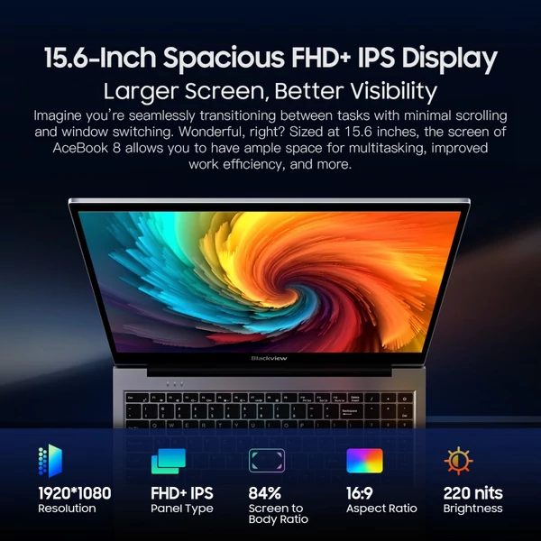Blackview AceBook 8 laptop: 15.6" FHD IPS kijelző, Intel N150 3.6GHz, 16GB RAM + 512GB SSD, WiFi 6 + BT 5.0, USB-C HDMI, 38Wh akku
