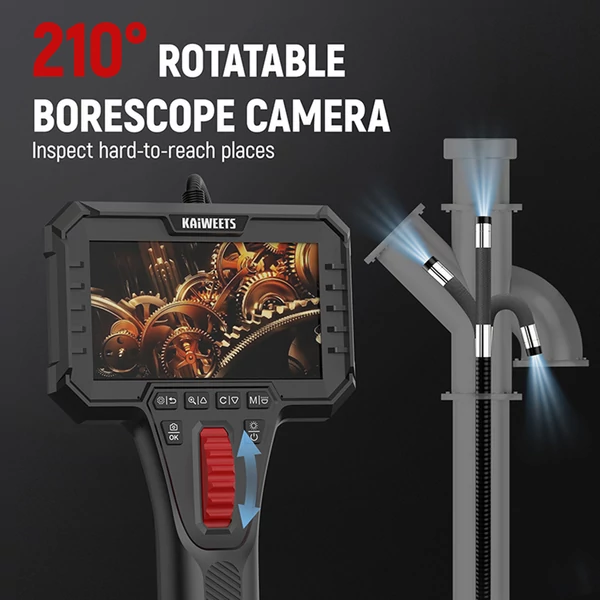 KAIWEETS KBA02 Artikulációs Endoszkóp Kamera: 6.5mm szonda, 210° forgatható fej, 1080P IPS kijelző, IP67 vízálló, 1.6m kábel