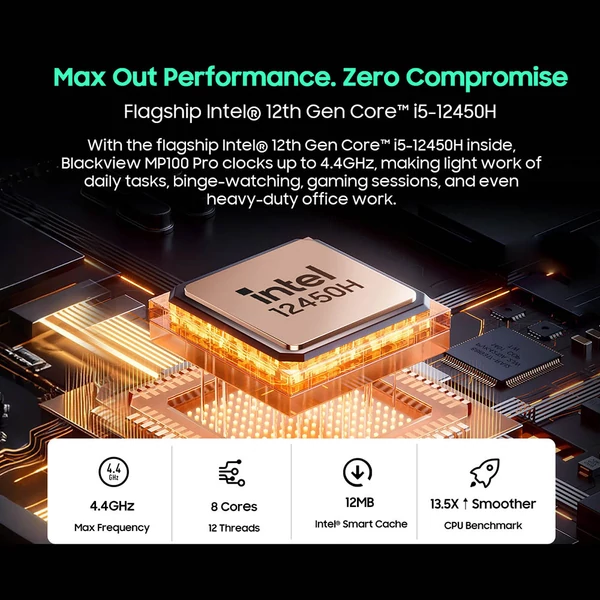 Blackview MP100 Pro Mini PC, Intel i5-12450H, 16GB RAM, 512GB SSD, Triple 4K kijelző, WiFi 6, BT 5.2, USB 3.2, Win 11 Pro