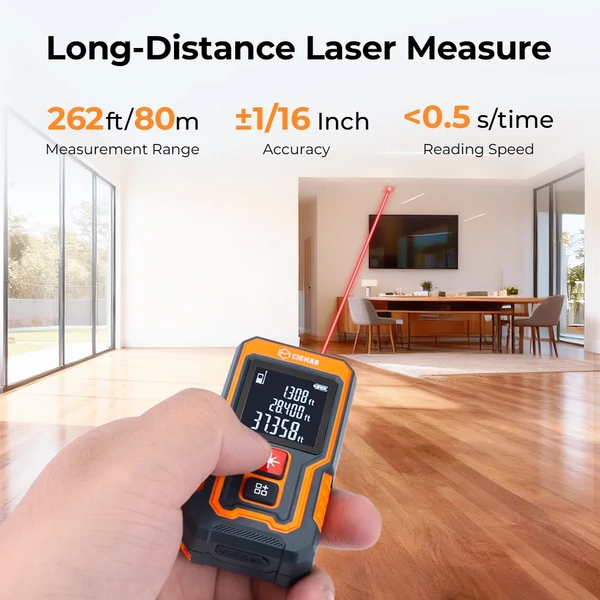 CIGMAN CD-80T zsebméretű lézeres távolságmérő – 80m, ±2mm pontosság, IP54 vízálló, 20 adatcsoport, Type-C tölthető lézeres mérőszalag