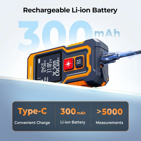 CIGMAN CD-80T zsebméretű lézeres távolságmérő – 80m, ±2mm pontosság, IP54 vízálló, 20 adatcsoport, Type-C tölthető lézeres mérőszalag
