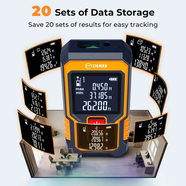 CIGMAN CD-80T zsebméretű lézeres távolságmérő – 80m, ±2mm pontosság, IP54 vízálló, 20 adatcsoport, Type-C tölthető lézeres mérőszalag