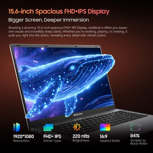 Blackview AceBook 6 laptop, 15,6" FHD IPS, Intel N150 (3.6GHz), 16GB RAM, 512GB SSD, USB 3.2, HDMI, Type-C, WiFi, BT - Szürke