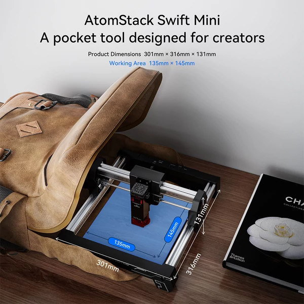 ATOMSTACK Swift Mini 3W lézergravírozó: 135x145mm, 10000mm/perc, 0,04mm pontosság, AI képalkotás, kompakt asztali fém és fa gravírozó