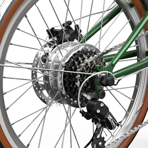 ONESPORT OT02 Pro összecsukható elektromos kerékpár, 250W, 36V 5.2Ah, 20", 25km/h, 25km hatótáv, Shimano 7 sebesség, tárcsafék - Zöld