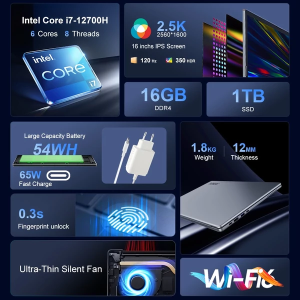 Ninkear N16 Pro laptop: 16" 2.5K 120Hz, Intel i7-12700H, 16GB RAM, 1TB SSD, WiFi 6, ujjlenyomat-olvasó, Windows 11