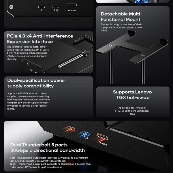 AOOSTAR EG02 eGPU dokkoló: Oculink (PCIe 4.0 x4) + 2x Thunderbolt 5, ATX/SFX tápegység támogatás