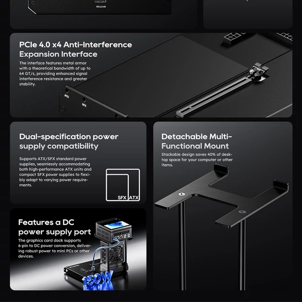 AOOSTAR EG01 eGPU dokkoló: Oculink (PCIe 4.0 x4) interfész, ATX/SFX tápegység támogatás