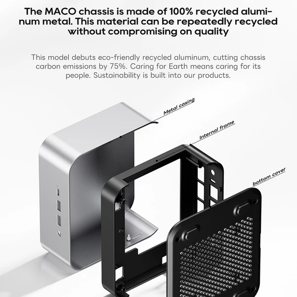 AOOSTAR MACO Mini PC Barebone - Ryzen 7 Pro 8845HS, 5.1GHz, 2xUSB4, Oculink, 2x2.5G LAN, WiFi6, 4 monitor támogatás, ujjlenyomat-olvasó, RAM és SSD nélkül