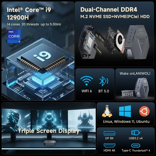 Alliwava GH9 mini PC – Intel Core i9-12900HK, 16GB RAM, 1TB SSD, 8K DP, 2x 2.5G LAN, WiFi 6, Win 11 Pro, erőteljes gamer és irodai számítógép