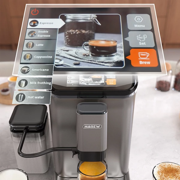 HiBREW H16 automata eszpresszógép darálóval, 20 bar nyomással, 4.3" érintőkijelzővel és 1.5L kivehető tejtartállyal