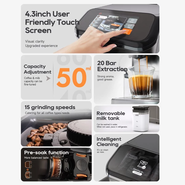 HiBREW H16 automata eszpresszógép darálóval, 20 bar nyomással, 4.3" érintőkijelzővel és 1.5L kivehető tejtartállyal