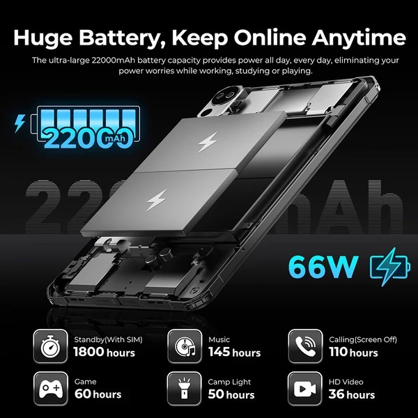 FOSSiBOT DT2 strapabíró tablet Android 13‑mal, 10.4'' IPS kijelzővel, 12GB+256GB, 4G Dual SIM, 22000mAh gyors töltéssel – Szürke
