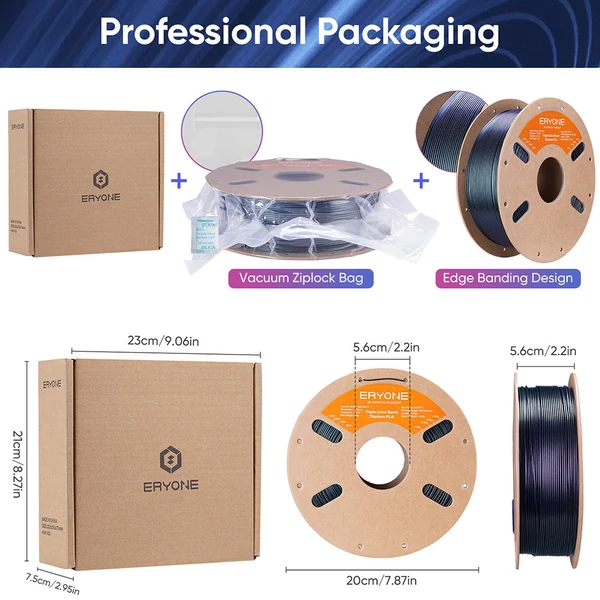 5 kg ERYONE Burnt Titanium háromszínű PLA filament – kék‑fekete‑rózsapiros / juharszirup borostyán / kék‑zöld‑rózsapiros / lila / kék‑narancs