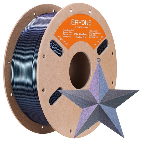5 kg ERYONE Burnt Titanium háromszínű PLA filament – kék‑fekete‑rózsapiros / juharszirup borostyán / kék‑zöld‑rózsapiros / lila / kék‑narancs