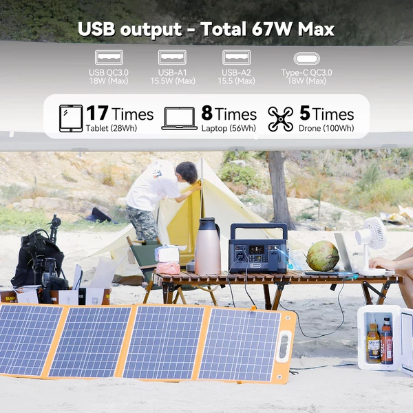 Flashfish P63 hordozható erőállomás, 520Wh lítium akkumulátoros napelemes generátor, 500W AC kimenettel, több USB és DC porttal
