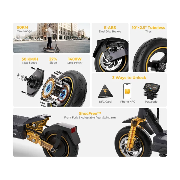Ausom K20 Pro elektromos roller, 1000W motorral, 48V 18Ah akkumulátorral, 50 km/h végsebességgel és 90 km hatótávval, NFC nyitással