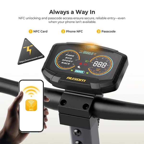 Ausom K20 Pro elektromos roller, 1000W motorral, 48V 18Ah akkumulátorral, 50 km/h végsebességgel és 90 km hatótávval, NFC nyitással