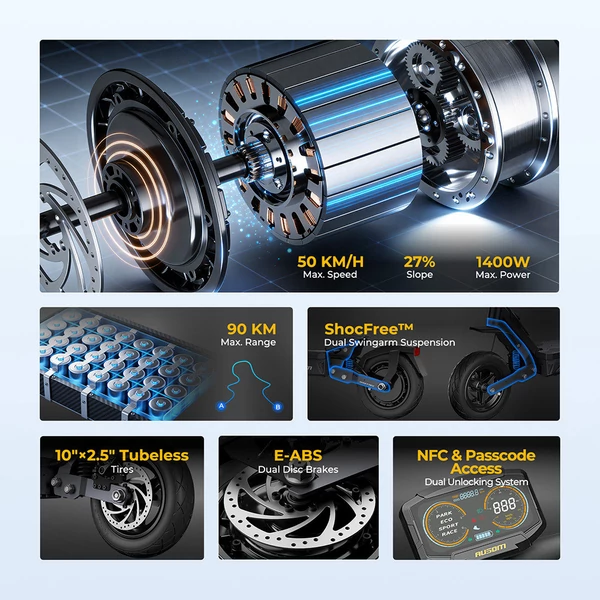 Ausom Gosoul 2 Pro e‑roller 1000W motorral, 90 km hatótávval, 10" kerékkel és NFC nyitással