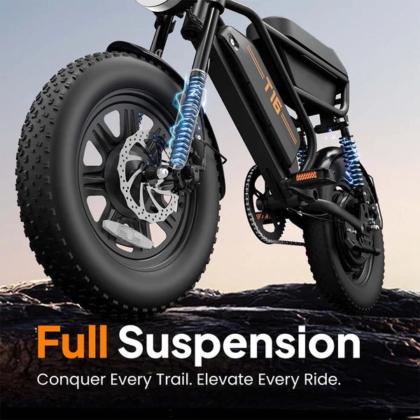 URLIFE T16 elektromos kerékpár, 250W nagy nyomatékú motorral, 48V 13Ah akkumulátorral, akár 100km hatótávval, 25km/h végsebességgel, 16×3.0 zsíros gumikkal, teljes felfüggesztéssel és dupla tárcsafékkel