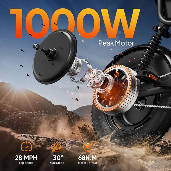 URLIFE T16 elektromos kerékpár, 250W nagy nyomatékú motorral, 48V 13Ah akkumulátorral, akár 100km hatótávval, 25km/h végsebességgel, 16×3.0 zsíros gumikkal, teljes felfüggesztéssel és dupla tárcsafékkel