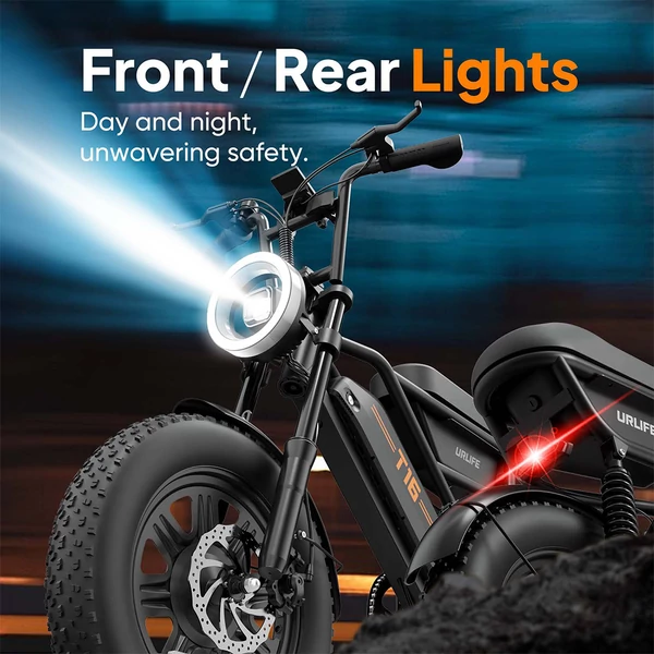 URLIFE T16 elektromos kerékpár, 250W nagy nyomatékú motorral, 48V 13Ah akkumulátorral, akár 100km hatótávval, 25km/h végsebességgel, 16×3.0 zsíros gumikkal, teljes felfüggesztéssel és dupla tárcsafékkel