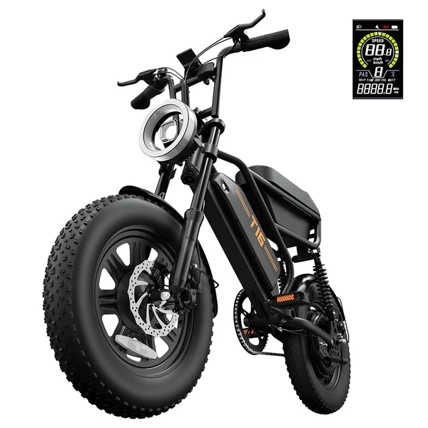 URLIFE T16 elektromos kerékpár, 250W nagy nyomatékú motorral, 48V 13Ah akkumulátorral, akár 100km hatótávval, 25km/h végsebességgel, 16×3.0 zsíros gumikkal, teljes felfüggesztéssel és dupla tárcsafékkel