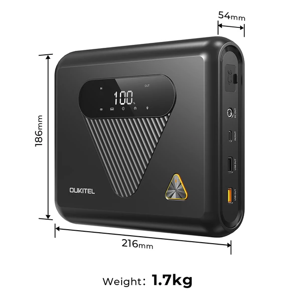OUKITEL C01 autós bikázó – 1350A csúcsáram, 27500mAh nátrium‑ion akku, 60W PD gyorstöltés, 12V indító benzin 8.0L / dízel 5.0L motorokhoz, LED vészfény