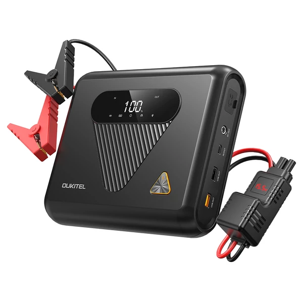 OUKITEL C01 autós bikázó – 1350A csúcsáram, 27500mAh nátrium‑ion akku, 60W PD gyorstöltés, 12V indító benzin 8.0L / dízel 5.0L motorokhoz, LED vészfény