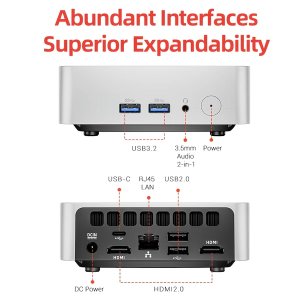 FIREBAT R2 mini PC – Ryzen 5 3500U, 16GB RAM, 512GB SSD, Dual 4K HDMI, WiFi 5, BT 4.2, USB‑C, USB 3.2, RJ45