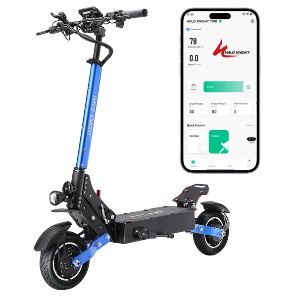 Halo Knight T108 elektromos roller – 10" kerék, dupla 1000W motor, 65 km/h, 52V 28.8Ah akku, 60 km hatótáv, 150 kg teherbírás, hidraulikus fék - Fekete