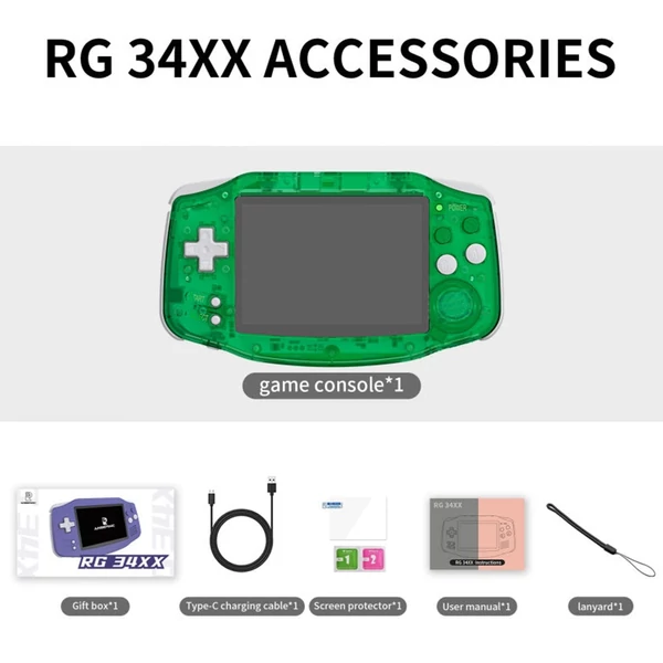 ANBERNIC RG34XX kézikonzol – 32GB+128GB, 8000+ játék, 3.4" IPS, Linux, 30+ emulátor, 7 órás üzemidő – Zöld